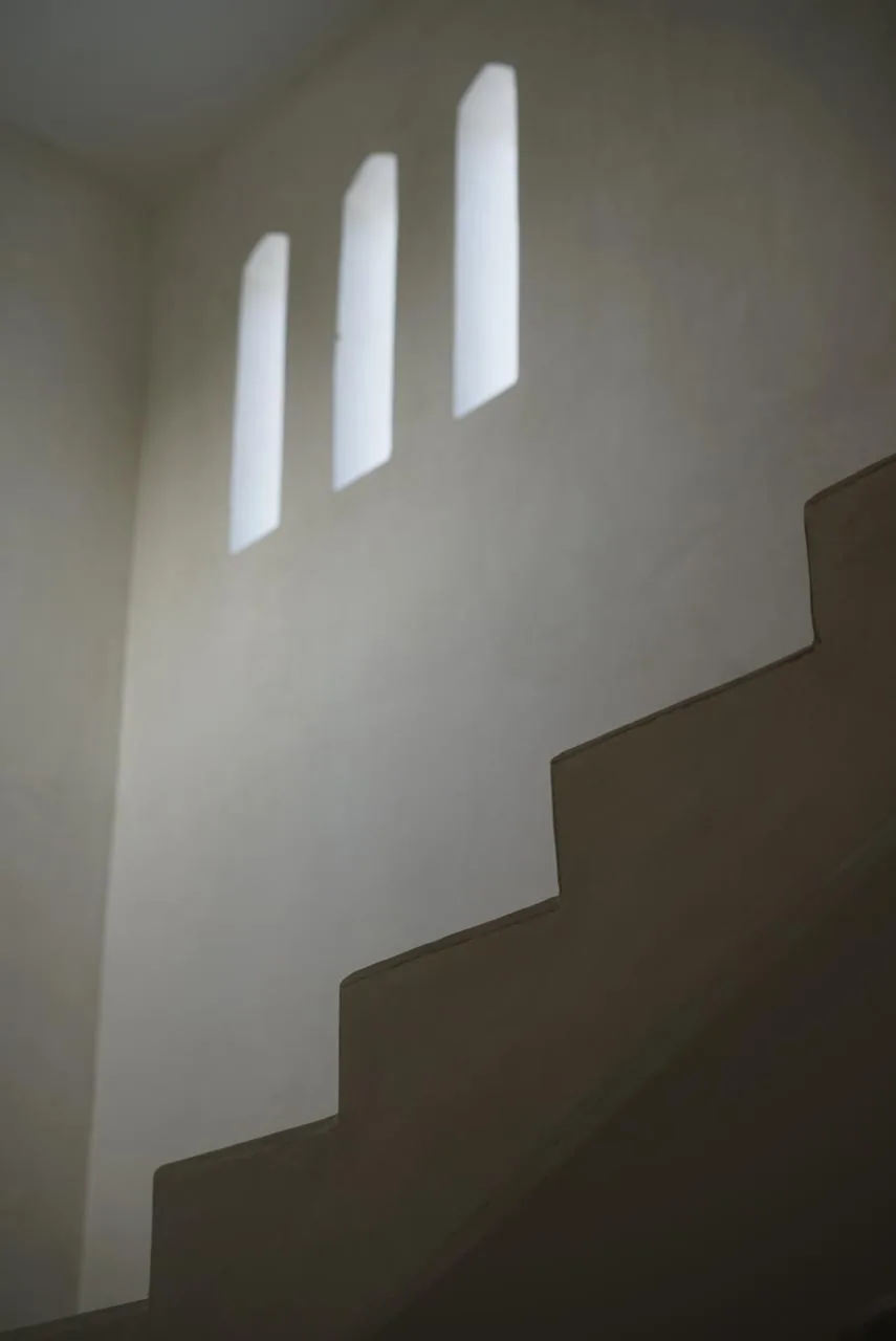 Sculpted concrete stairwell with directional light